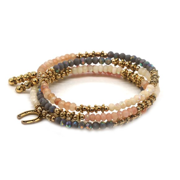 Memory wire bracelet with pink and gray bead combination with a charm. - Picture 2 of 3